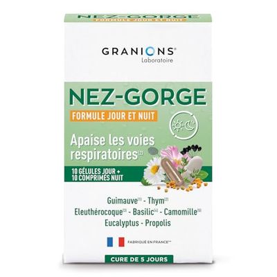 GRANIONS Nez Gorge I Formule jour : Apaise la gorge, améliore le confort respiratoire, soutient les défenses I Formule Nuit : Relaxe et apaise pour un sommeil serein I Programme de 5 J