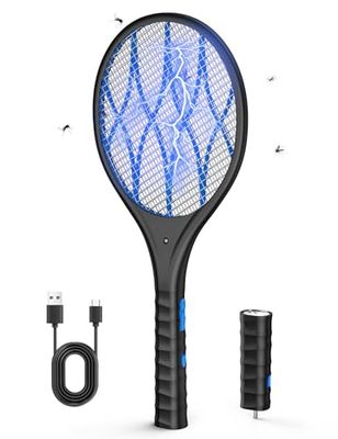 AROEVE Raquette Electrique Insectes, 4000V Raquette Anti Moustique Electrique, Recharge USB, Lumière LED, Lampe Torche Détachable, Protection à 3 Couches, Double Interrupteur, Maison, Jardin, Noir