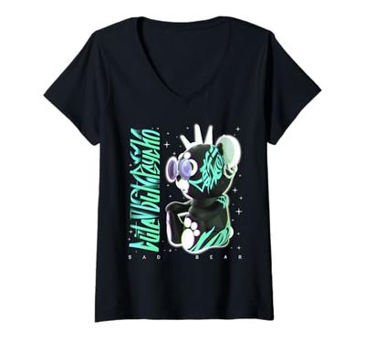 Womens Teddy Bear Graffiti Streetwear V-Neck T-Shirt