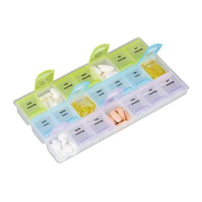 relaxdays Portapillole 7 Giorni, 3 Scomparti, Mattino, Pomeriggio e Sera, Portafarmaci in Inglese, Colorato-Trasparente, PP, 2,50 x 21,50 x 12,00 cm