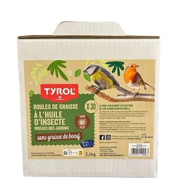 Tyrol - Boules de Graisse pour Oiseaux Sauvages du Ciel - Meilleures pour l'environnement - Facile à Utiliser - Nourriture Oiseaux Extérieur à Base d'Insectes - sans Graisse Animale - Eco Box x30