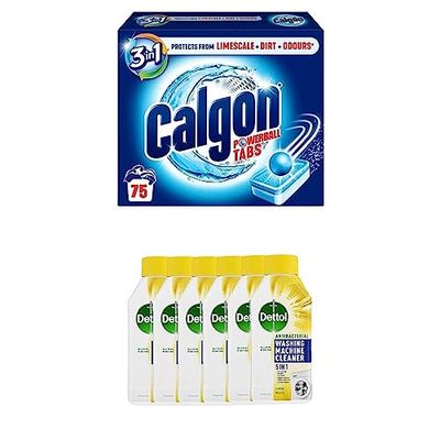 Calgon 4-in-1 Washing Machine Cleaner and Water Softener Tablets, 75 Count + Dettol Washing Machine Cleaner Lemon Breeze, Pack of 6 x 250 ml, Removes Limescale, Residue, Dirt, Odours & Rust