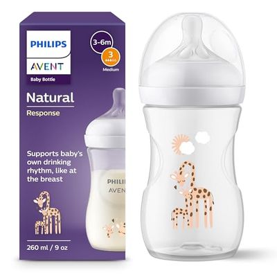 Philips Avent Natural Response-babyfles - Babymelkfles van 260 ml, BPA-vrij, voor baby's van 1 maand en ouder, met giraffemotief (model SCY903/66)