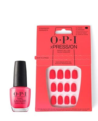 OPI xPRESS/ON Press On Nails & Cuticle Oil, 30 Pcs Reusable False Nails with up to 14 Days of Wear, Deeply Nourishing Cuticle Oil, Gel-Like Salon Manicure, Vegan, Strawberry Margarita Pink Nail Polish