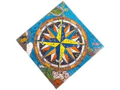 Rosa dei Venti Cuerda Seca Preziosa Mattonella artistica Dimensioni cm.33 x 33 Ceramica Handmade Le Ceramiche del Castello Nina Palomba Made in Italy (Mare)
