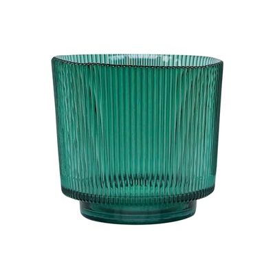 Ivyline Round Candle Holder in Emerald Glass with Ribbed Design - Elegant Table Centrepiece - Modern Home Decoration - H14 x W15 cm