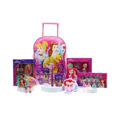 Princess Gift Set Includes Mirror, Lip Balm, Nail Enamel, Lip Gloss, 3 Nail Polish, Nail Decorations, Shampoo Gel, Bath Sponge, Hair Clips, Toiletry Bag, Toothbrush, Toothpaste, Beaker, Trolley Bag