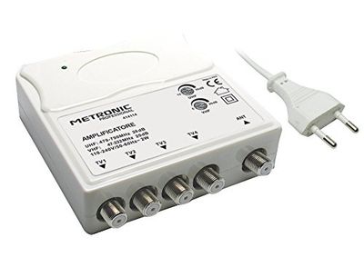Metronic 414114 TV-versterker VHF/UHF, voor digitaal terrestrisch met filter, VHF-20Db verstelbaar, UHF-28Db verstelbaar, 1 ingang/4 uitgangen, voor binnen, wit