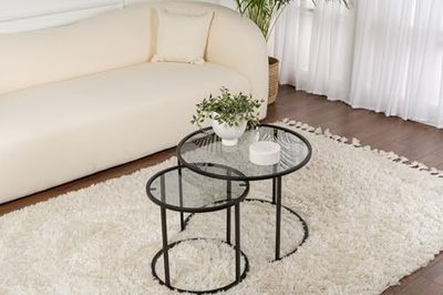 Hanah Home Ensemble de Table Basse élégante (2 pièces), Noir et Gris, Verre trempé et Cadre en métal | S : 42 x 39 x 42 cm, L : 60 x 43 x 60 cm | Design Moderne pour Salon