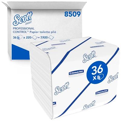 Scott Controlo de papel higiénico dobrável 8509, 2 camadas, suave e forte, etiqueta FSC, 36 embalagens x 220 folhas (7,920 total)
