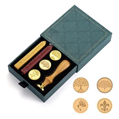 Juego de Sellos de Lacre, Kit de 4 sellos, 2 barras de cera dorada y roja, Mango de madera Palisandro. Caja Vintage para regalo, invitaciones, cartas o postales. Cabezal intercambiable.