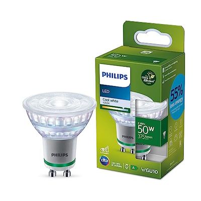 Philips, ampoule LED Ultra Efficient Classe A, 50W, culot GU10, blanc froid 4000K, verre