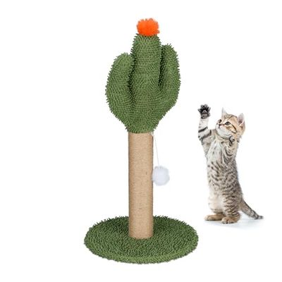 Relaxdays Griffoir pour Chat en Forme de Cactus, HxD : env. 59x31 cm, Tronc à gratter en Lin, avec Balle, Multicolore
