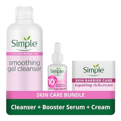 Simple Barrier Repair Gel Cleanser (230 ml), Face Serum (30 ml) and Face Cream (50 ml) Skincare Bundle for soft, smooth and hydrated skin