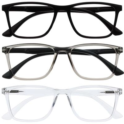 OPULIZE NYX Blue Light Blocking Reading Glasses - Anti-Glare Computer and Gaming Eyewear - 3 Pack - UV and Eyestrain Protection - Rectangular Frame - Black Grey Clear - Men Women - + 1.50