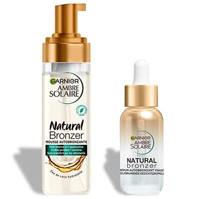 Garnier Amber Solaire - Cofanetto in schiuma e siero autoabbronzanti e idratanti, colore naturale e radioso, acqua di cocco, glicerina, acido ialuronico, vegan & cruelty free, viso e corpo