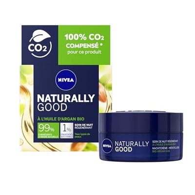 NIVEA NATURALLY GOOD Trattamento Notte Rigenerante 50 ml Trattamento Viso con 99% Ingredienti di origine naturale, Crema Notte all'Olio di Argan Bio & Oli Preziosi