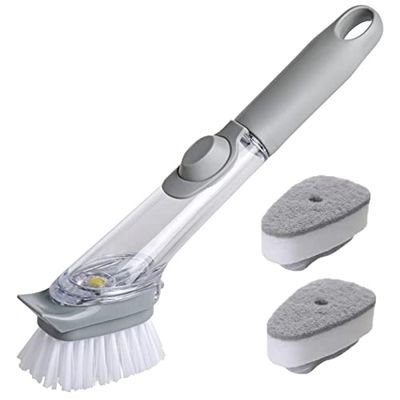 KKNE Brosse avec Distributeur de Savon et Lot de 2 recharges d'éponge pour Laver la Vaisselle Anti-Rayures, kit de Nettoyage de Vaisselle avec poignée pour la Maison
