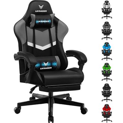 LUCKRACER Chaise de gaming avec repose-pieds, ergonomique, avec coussin lombaire réglable, oreiller, chaise gamer, hauteur réglable, charge maximale : 150 kg, grise