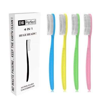 DR PEFECT Lot de 4 brosses à dents extra dures et fermes à tête longue pour blanchiment des dents
