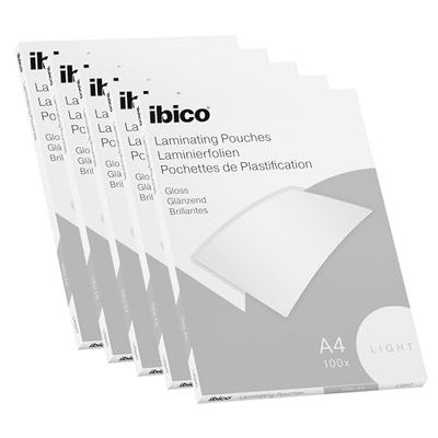 Ibico Basics lamineringspåse, A4-storlek, lätt tjocklek, högt dokumentskydd och hållbarhet, 5 förpackningar med 100, glansig finish, transparent, 399990067