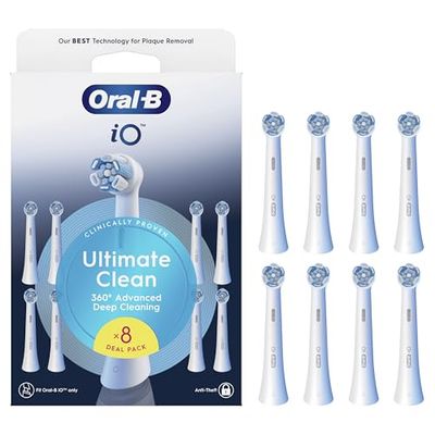 Oral-B Testine di Ricambio iO Series Ultimate Clean Bianche, Testine Rotonde Originali, con setole CrissCross per rimuovere la placca, 8 Testine