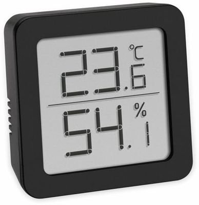 TFA Dostmann digitale thermo-hygrometer, 30.5051.01, voor binnenklimaatcontrole met temperatuur en luchtvochtigheid, klein en handig, om op te hangen of neer te zetten, zwart, (L)61 x (B)20 x (H)61 mm