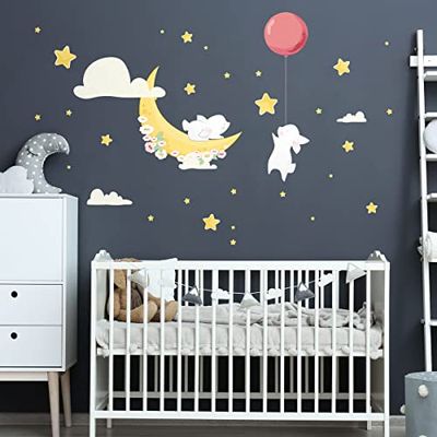 Adhesivo de pared para niños, decoración de habitación infantil, diseño de conejos de estrellas y lunas, 90 x 60 cm