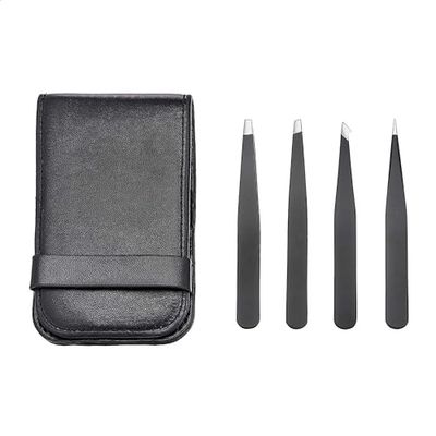 Amazon Basics pinzette professionali, in acciaio inox per rimozione di peli del viso, sopracciglia, ciglia o peli incarniti, con custodia da viaggio, Confezione da 4, colore: nero