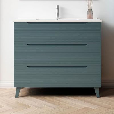 Kibath Mueble de Baño con Lavabo Boreal 100 cm 3 cajones con Patas Acabado Azul Oceano Mate Fabricado en Madera