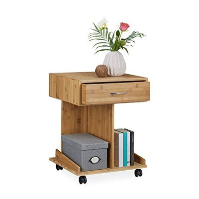 Relaxdays Mesa auxiliar com rodas ROLLI, feita de bambu, 56,5 x 43 x 46 cm, 2 depósitos para livros e 1 gaveta, madeira, confortável para quarto, cor natural