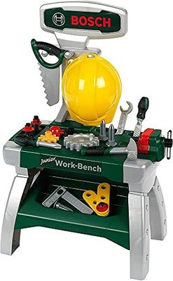 Theo Klein Banco da Lavoro Junior 2+ Bosch incl, Casco, morsa da banco, Attrezzi, Stecche, Chiodi, Viti e Dadi Dimensioni 49 cm x 29 cm x 71 cm Giocattolo per Bambini a Partire dai 2 Anni di età