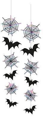 Folat 67988 spindlar fladdermöss 2 stycken hängande dekoration Happy Set hängare, dekorativa tillbehör för vägg, rum, trädgård, skräckatmosfär, bästa halloween-fest-favoritdekoration, svart, 70 cm