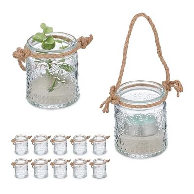 Relaxdays Vasetti Portacandele, Set da 12, Vasi in Vetro, Manico con Corda di Canapa, HxD 7 x 6 cm, Trasparente Marrone