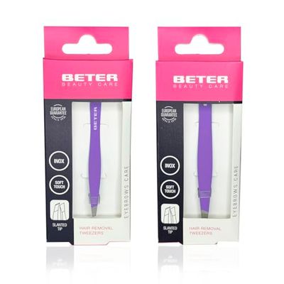 Beter - Confezione da 2 pinzette professionali per sopracciglia, punta obliqua, finitura soft touch, acciaio inossidabile