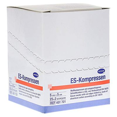 ES-KOMPRESSEN: Steriele hydrocompressen voor wondreiniging en wondafdekking, evenals voor het aanbrengen van zalven, 5 x 5 cm, 8-voudig, 17-dradig, 25 x 2 stuks