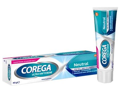 Corega Ultra Crème adhésive neutre pour prothèses dentaires/troisième dents 40 g, sans colorants ni arômes artificiels