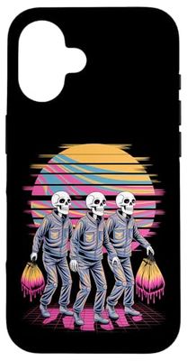 Squelettes surréalistes marchant rétro coucher de soleil art Coque pour iPhone 16