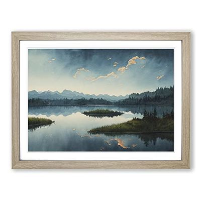 Watercolour Lake H1022 Framed Print for Living Room Bedroom Home Office Décor, Wall Art Picture Ready to Hang, Oak A4 Frame (34 x 25 cm)