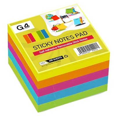 G4GADGET Sticky Notes Cube 400 Sheets - 76x76mm Neon Colors - Self-Stick Notes for Reminders, to-Do Lists & Messages - Strong Adhesive, Repositionable Sticky Notepads for Home, Office & School