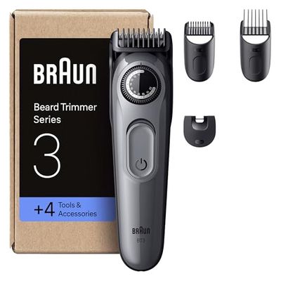 Braun Beard Trimmer Series 3, +4 Styling Tools, Ultra Sharp Blade, 50 Min Runtime, 40 Lengths, BT3525, Grey