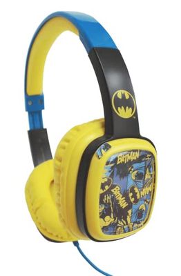 Lazerbuilt - Auricular Infantil Batman con Cable - Límite de Volumen de 85 db, Incluye 8 Diseños Batman Amarillo, Negro y Azul