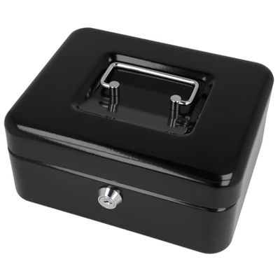 Westcott Caja de efectivo con cerradura (20 cm) negra | Caja con cerradura de chapa de acero con 2 llaves | Inserto extraíble para monedas con 3 compartimentos | E-51001 BLACK