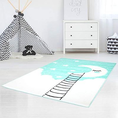 carpet city Alfombra Infantil Bueno con Corte de Contorno con Luna, Nubes y Estrellas, Color Turquesa, Crema para habitación Infantil, tamaño: 120 x 170 cm, 120 x 170 cm