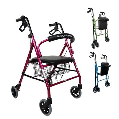 Mobiclinic®, Walker for Elderly, Escorial Model, European Brand, Folding, Manual and Lockable Brakes, Aluminium, Light and Resistant, Rollator with 4 Wheels, Seat and Backrest, Basket, Rose