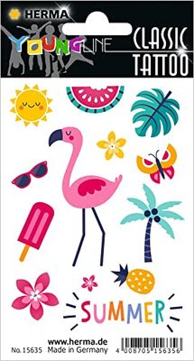 HERMA 15635 Tijdelijke tatoeages, flamingo, 13 stuks, zelfklevende tatoeages om op te plakken, nep tatoeagestickers met zomer, ijs, zon, meloenmotief, kindertatoeagestickers voor carnaval, kinderen,