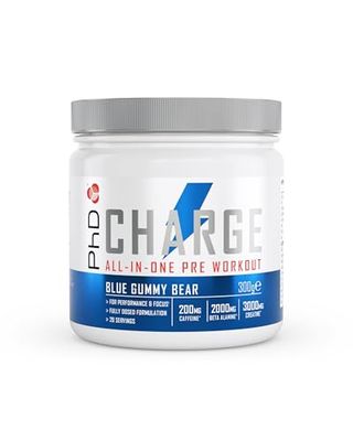 PhD Charge, All in One Pre Workout Powder with Creatine for Women and Men, Rich in Beta Alanine, High Caffeine for pre-Workout, Blue Gummy Bear Flavour, 20 Servings Per 300g Bottle