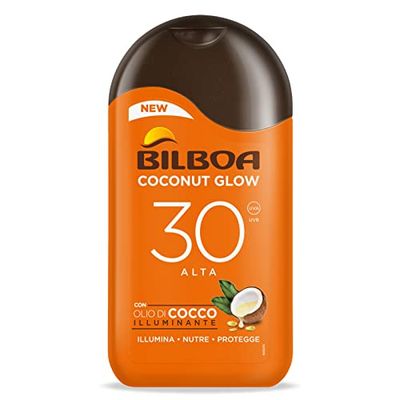 Bilboa, Latte Solare Coconut Glow SPF 30, Crema Solare con Olio di Cocco e Vitamina E, Leggera sulla Pelle, Protezione Solare Resistente all'Acqua, 200 ml
