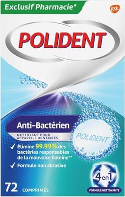 Polident Nettoyant Antibactérien, Pour Prothèses Dentaires Partielles ou Complètes, Formule Non Abrasive, 72 Comprimés