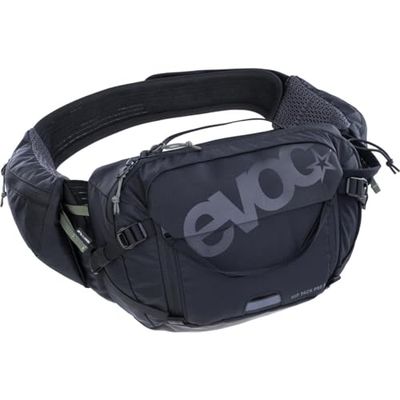 EVOC HIP PACK PRO 3 + HYDRATION BLADDER 1.5, borsa per fianchi (AIR FLOW CONTACT SYSTEM, cintura per fianchi AERO FLEX, incl. vescica di idratazione da 1,5 litri e portaborraccia, taglia unica), nero